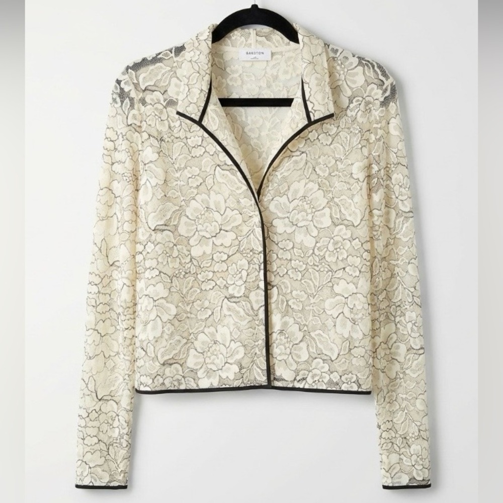 Aritzia Babaton Floral Lace Long Sleeve Sheer Blouse Cream Black Piping Size M